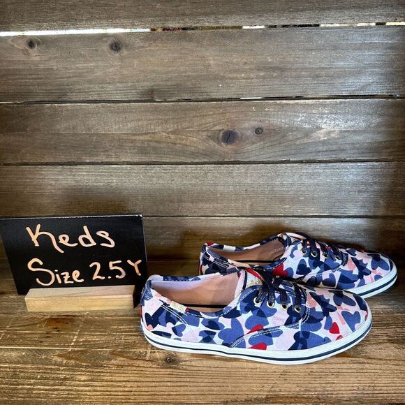 Kids Keds Kate Spade Heart Print Canvas Comfort Shoes Sneakers Size‎ 2.5 Y GUC - Picture 1 of 7